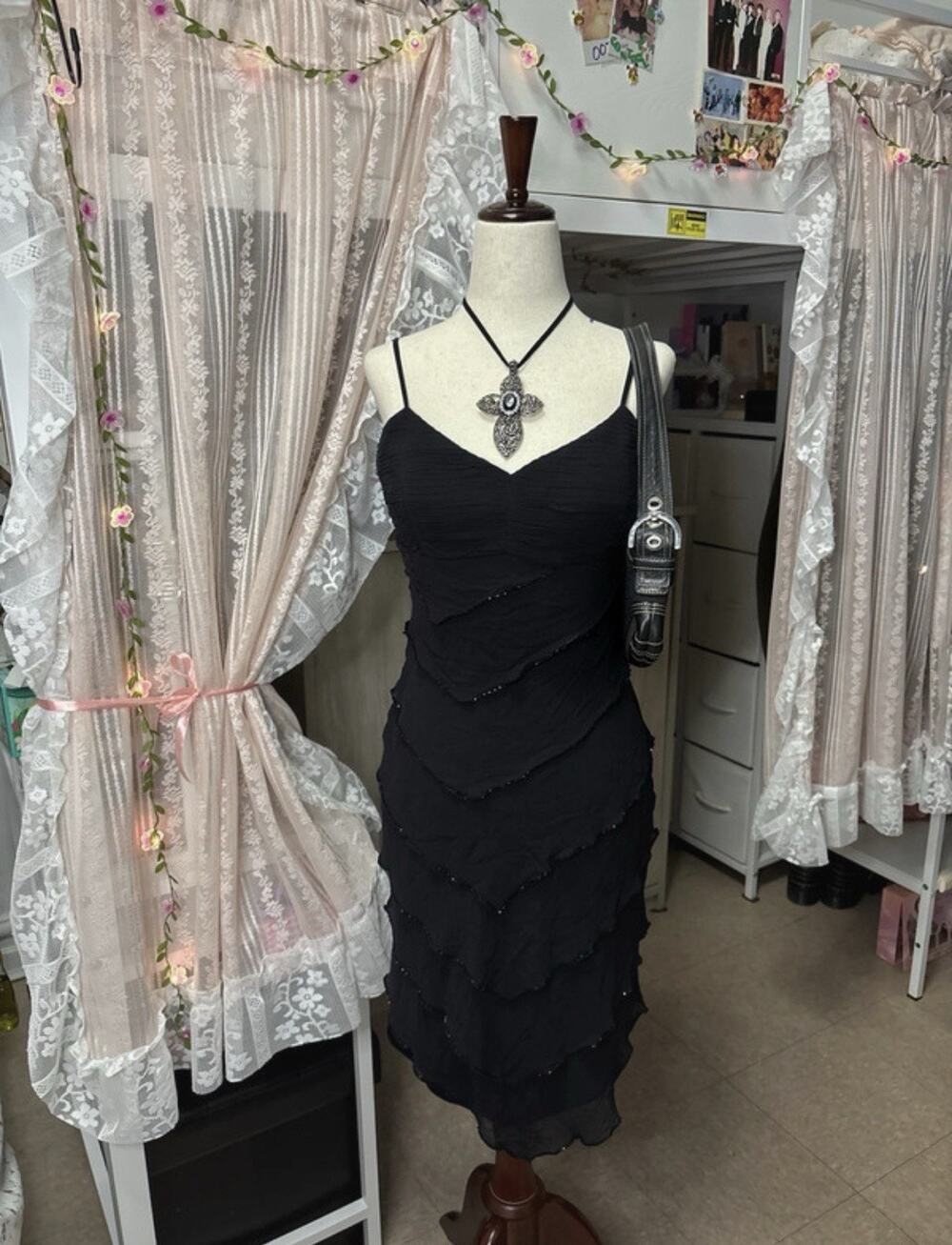 Vintage Sue Wong Black 100% Silk Beaded Ruffle Dress